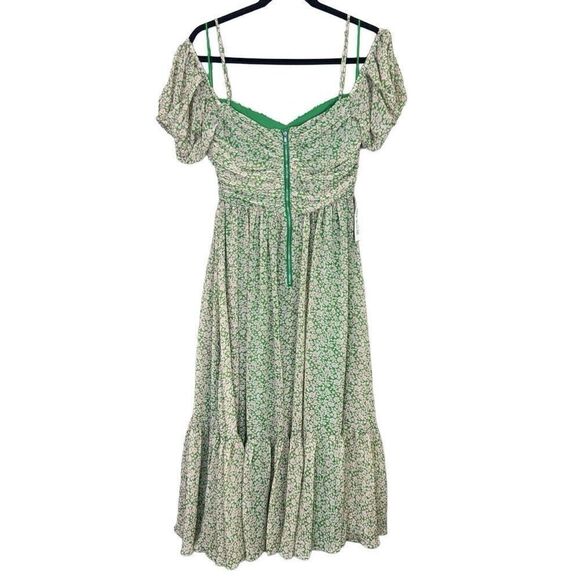 NWT Bardot Fauna Cold Shoulder Ruched Bodice Floral Midi Flare Dress Green Small - Picture 4 of 10